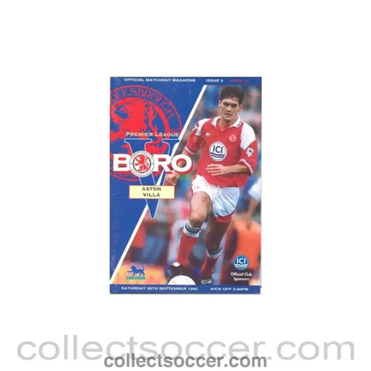 1992 - Middlesbrough v Aston Villa official programme 26/09/1992 - Collect Soccer