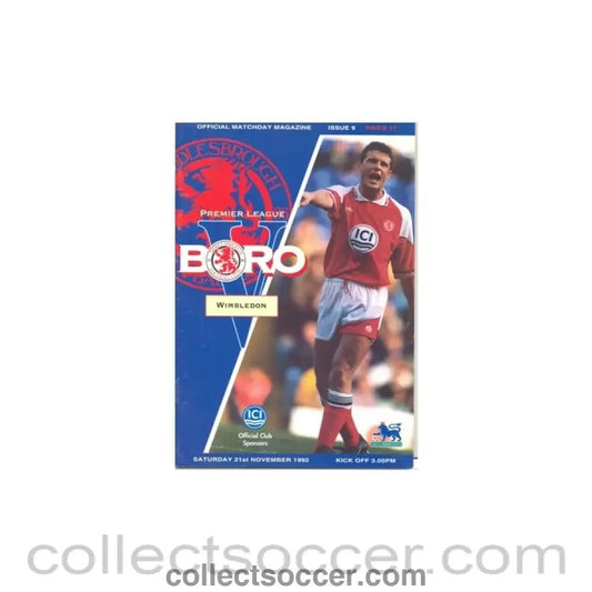 1992 - Middlesbrough v Wimbledon official programme 21/11/1992 - Collect Soccer