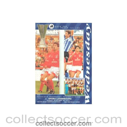 1992 - Sheffield Wednesday v Spora Luxembourg official programme 16/09/1992 UEFA Cup - Collect Soccer