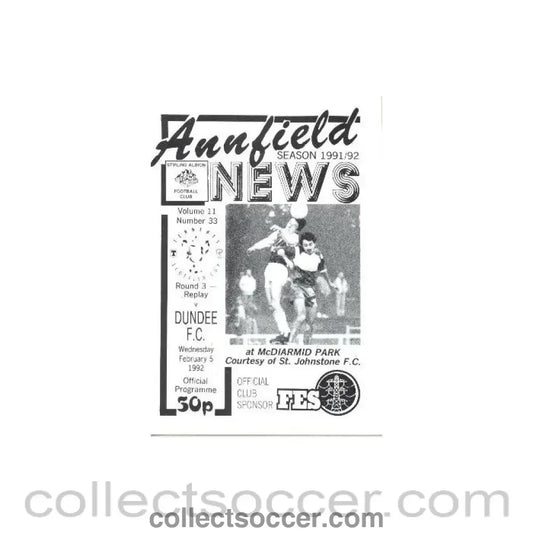 1992 - Stirling Albion v Dundee official programme 05/02/1992 Tennents Scottish Cup, 3rd Round Replay - Collect Soccer