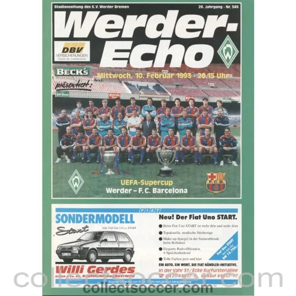 1992 Super Cup Final Official Programme Werder Bremen v Barcelona - Collect Soccer
