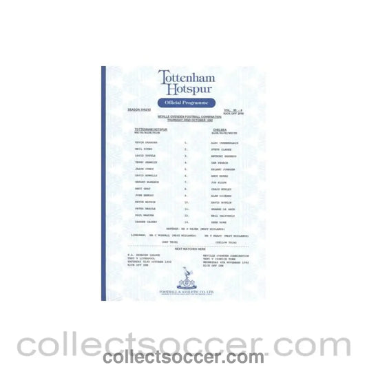 1992 - Tottenham Hotspur v Chelsea Reserves official colour teamsheet 22/10/1992 Football Combination - Collect Soccer