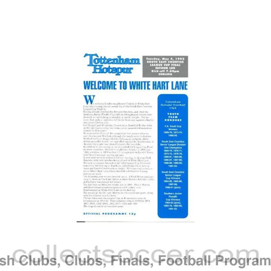 1992 - Tottenham Hotspur vChelsea official programme 05/05/1992 South East Counties League Final 2nd Leg
