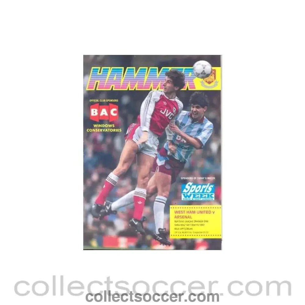 1992 - West Ham United v Arsenal official programme 14/03/1992 - Collect Soccer