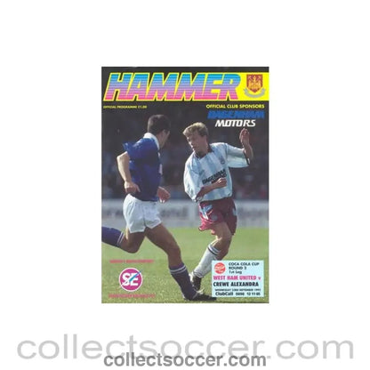 1992 - West Ham United v Crewe Alexandra official programme 23/09/1992 Coca Cola Cup - Collect Soccer