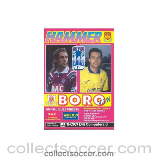 1992 - West Ham United v Farnborough Town official programme 04/01/1992 - Collect Soccer