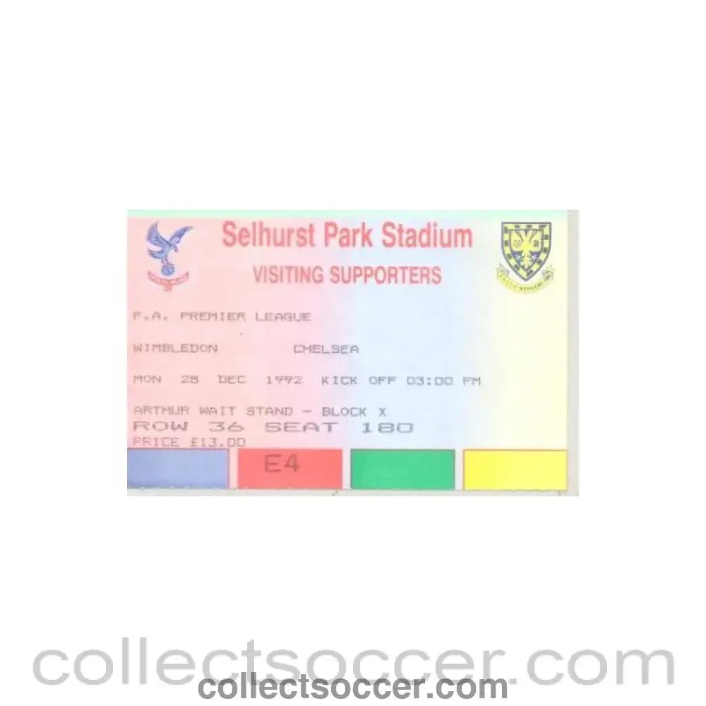 1992 - Wimbledon v Chelsea ticket 28/12/1992 Premier League - Collect Soccer