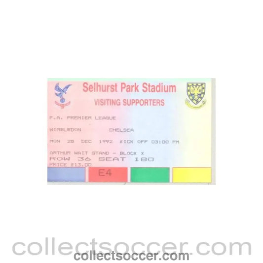 1992 - Wimbledon v Chelsea ticket 28/12/1992 Premier League