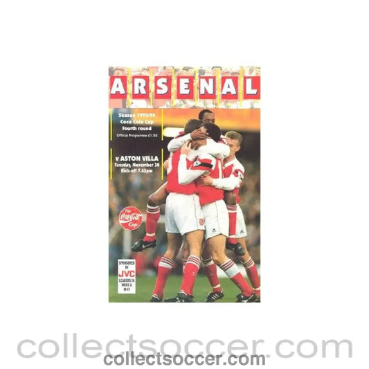 1993 - Arsenal v Aston Villa official programme 30/11/1993 Coca Cola Cup