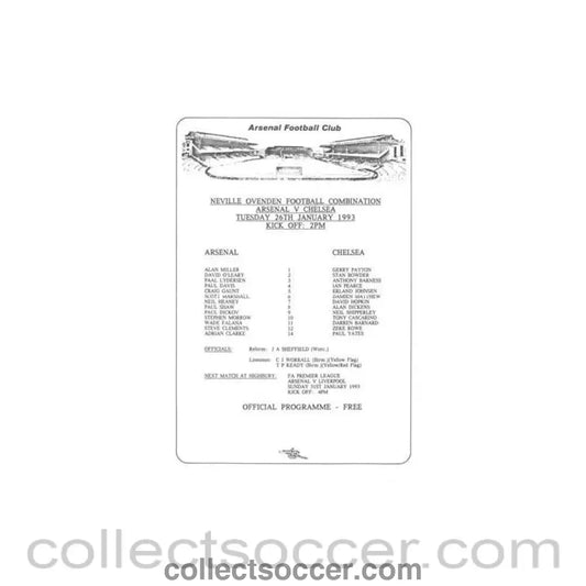 1993 - Arsenal v Chelsea Reserves official colour teamsheet 26/01/1993 Football Combination - Collect Soccer