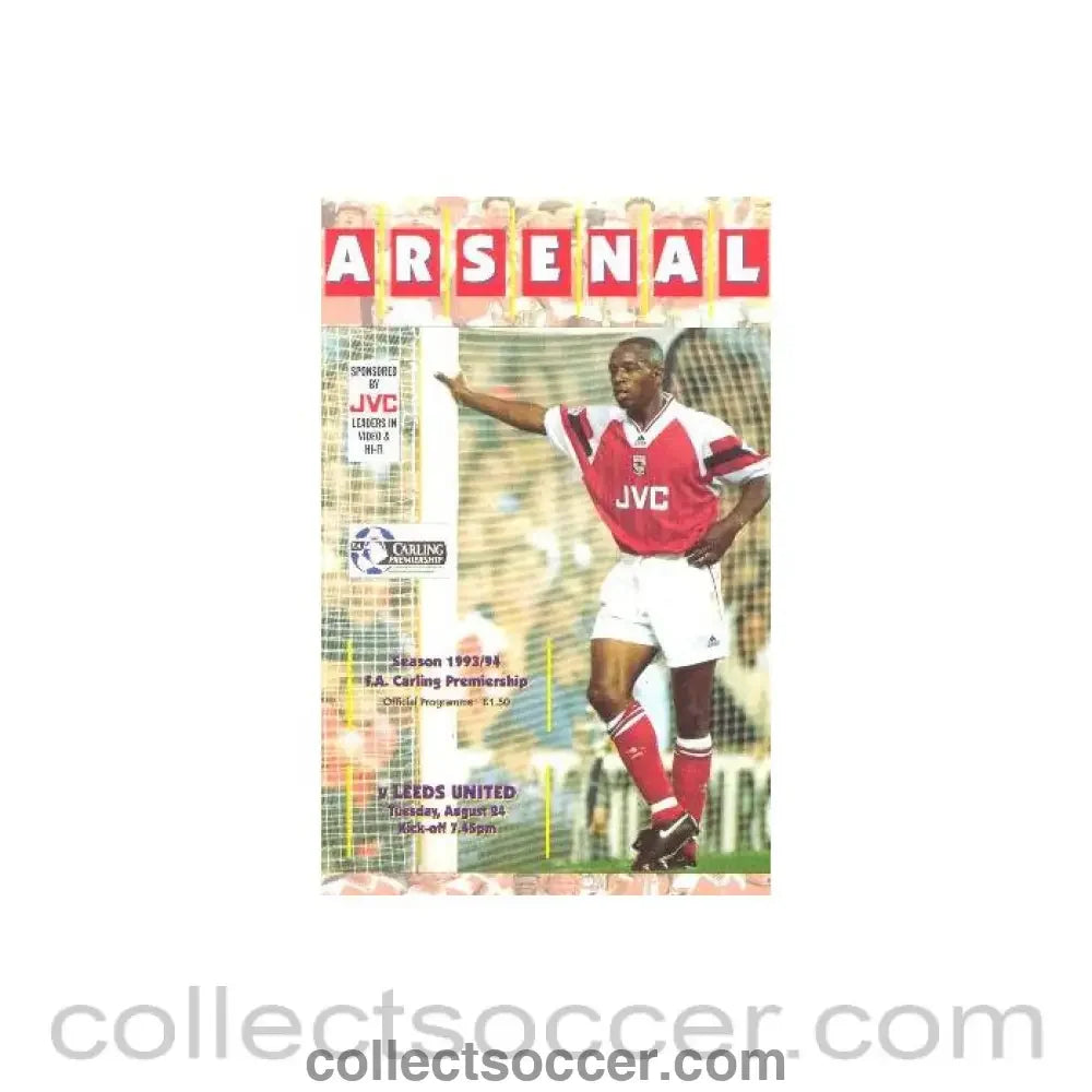 1993 - Arsenal v Leeds United official programme 24/08/1993 Carling Premiership