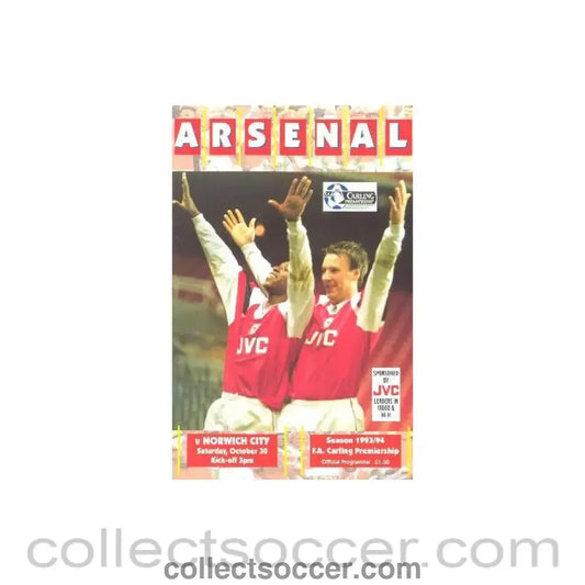 1993 - Arsenal v Norwich City official programme 30/10/1993 Carling Premiership