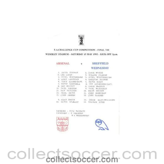 1993 - Arsenal v Sheffield Wednesday official teamsheet 15/05/1993 FA Cup Final