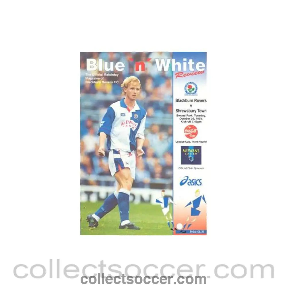 1993 - Blackburn Rovers v Srewsbury Town official programme 26/10/1993 League Cup
