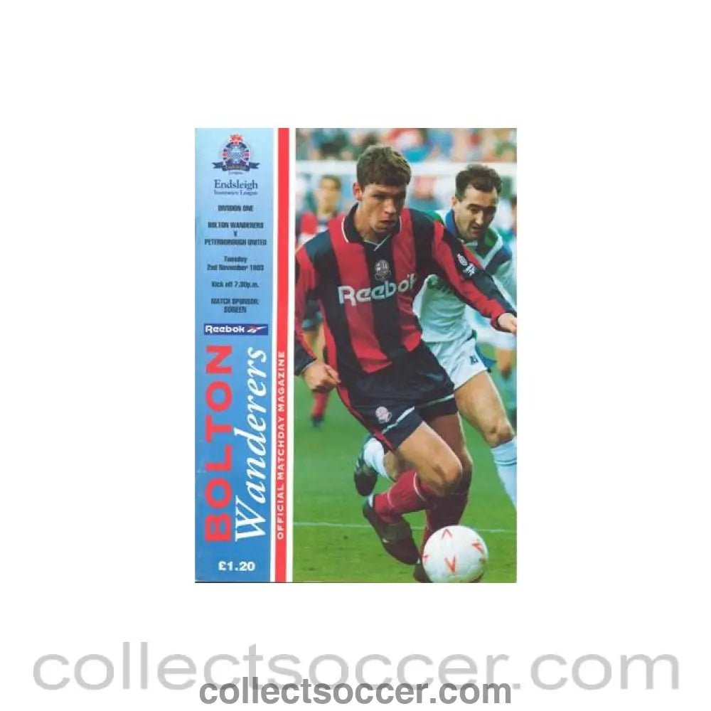 1993 - Bolton Wanderers v Peterborough United official programme 02/11/1993 Football League - Collect Soccer