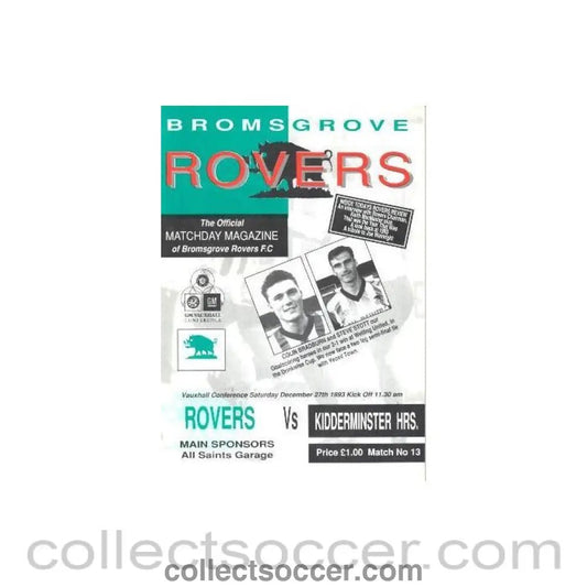1993 - Bromsgrove Rovers v Kidderminster official programme 27/12/1993 Vauxhall Conference - Collect Soccer