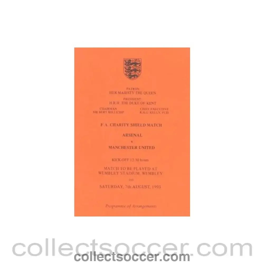 1993 Charity Shield Arsenal v Manchester United Programme of Arrangements for the Royal Box - Collect Soccer