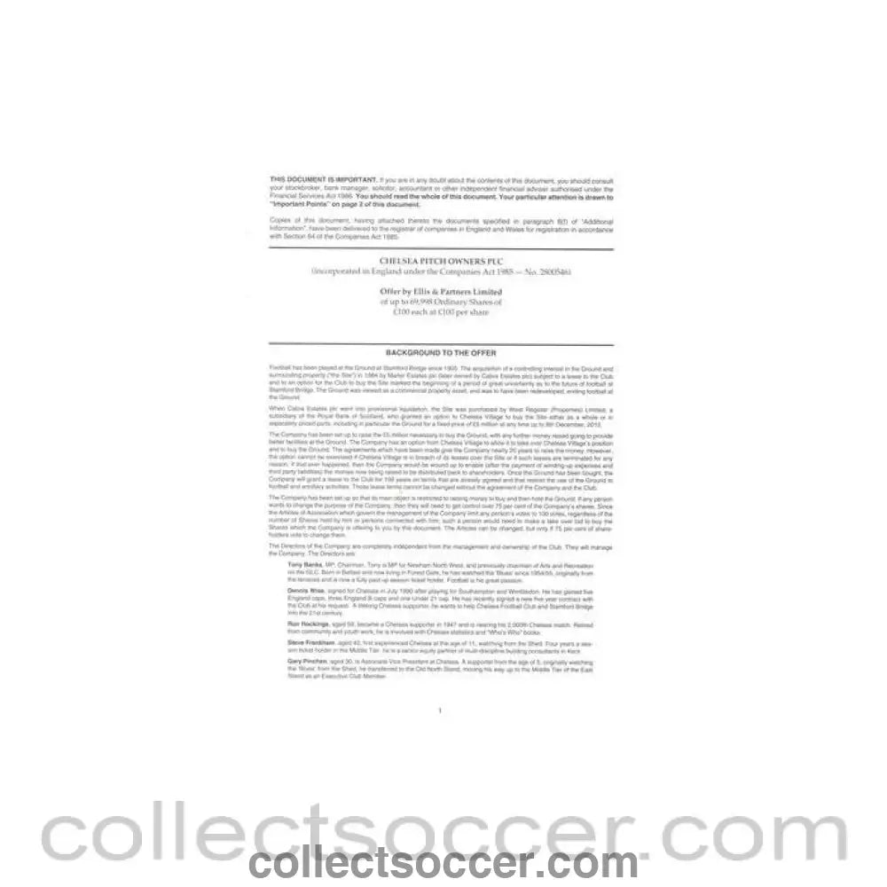 1993 - Chelsea Pitch Owners PLC offer to potential shareholders of 18/03/1993 - Collect Soccer