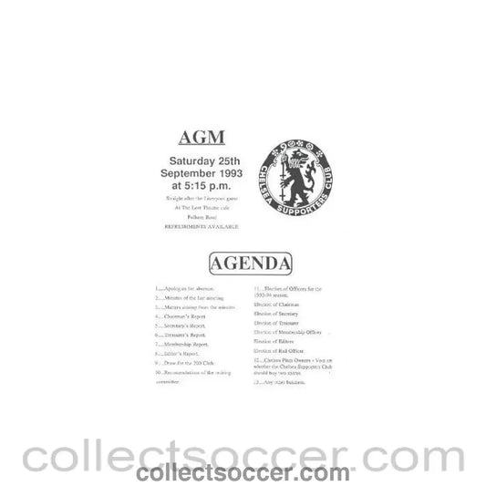 1993 - Chelsea Supporters Club Agenda of 25/09/1993