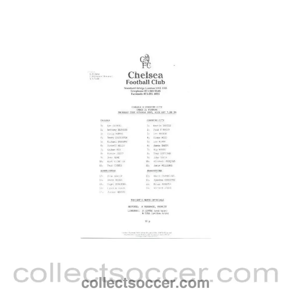 1993 - Chelsea v Coventry City official teamsheet 21/10/1993 - Collect Soccer