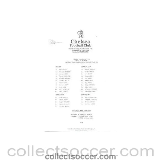 1993 - Chelsea v Coventry City official teamsheet 21/10/1993 - Collect Soccer