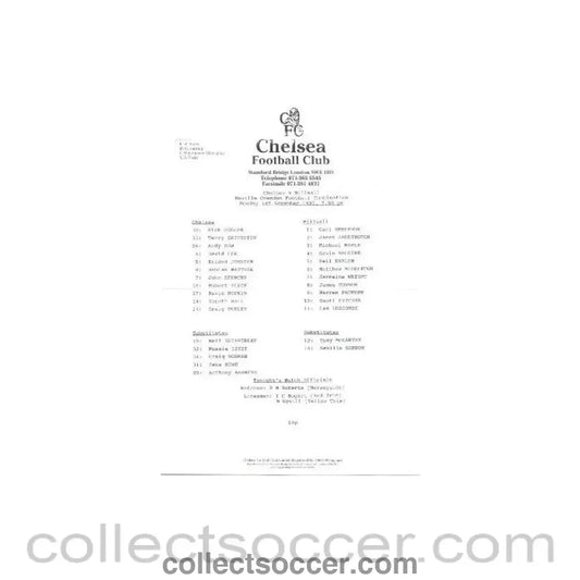 1993 - Chelsea v Millwall Reserves official teamsheet 01/11/1993 Football Combination