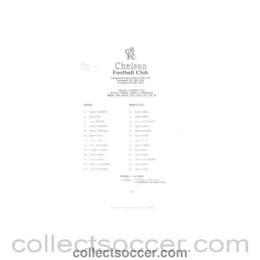 1993 - Chelsea v Norwich City Reserves official teamsheet 23/08/1993 Neville Ovenden Football Combination - Collect Soccer