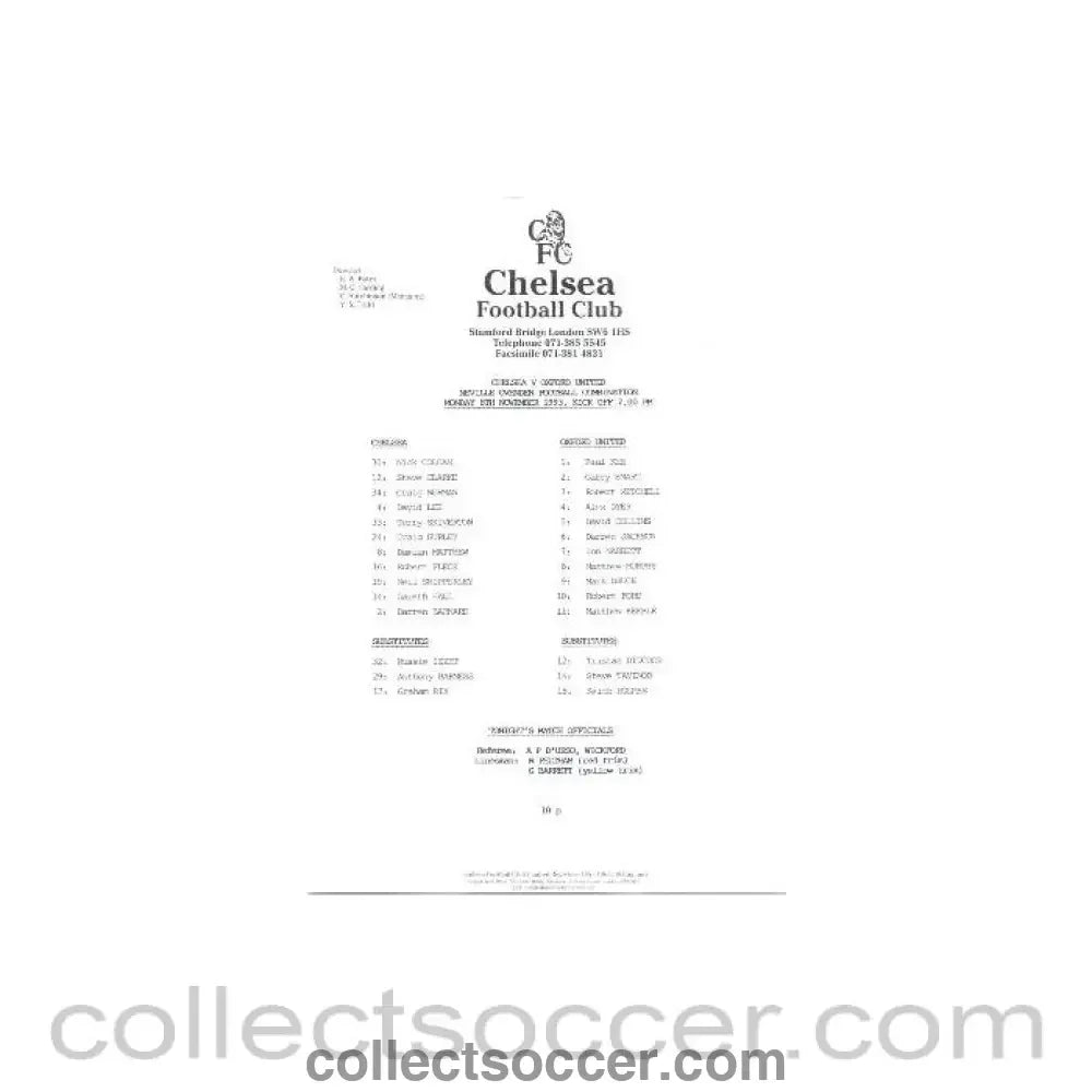 1993 - Chelsea v Oxford United Reserves official teamsheet 08/11/1993 Football Combination - Collect Soccer