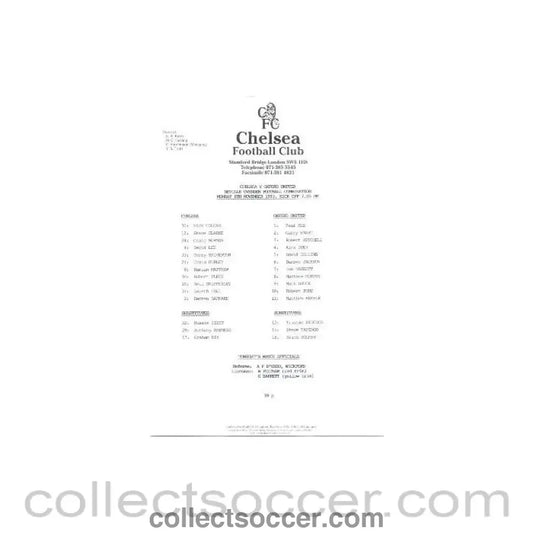 1993 - Chelsea v Oxford United Reserves official teamsheet 08/11/1993 Football Combination