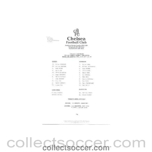 1993 - Chelsea v Portsmouth Reserves official teamsheet 06/12/1993 Football Combination