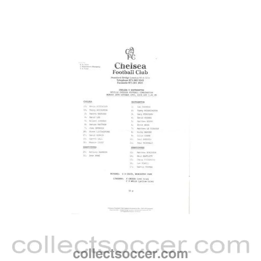 1993 - Chelsea v Southampton Reserves official teamsheet 18/10/1993 Football Combination
