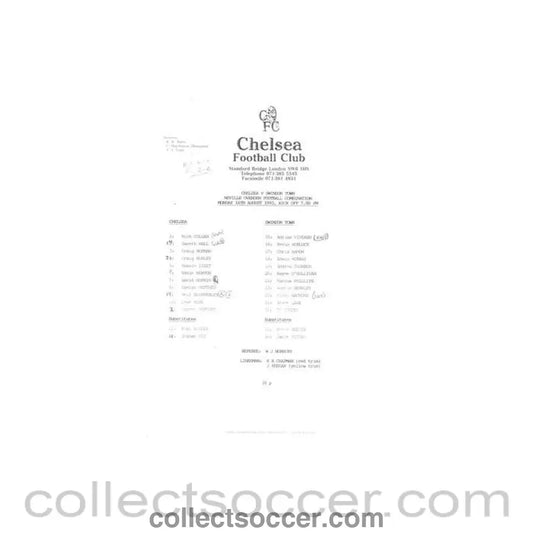 1993 - Chelsea v Swindon Reserves official teamsheet 16/08/1993 Football Combination - Collect Soccer