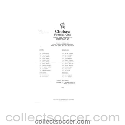 1993 - Chelsea v Swindon Town Reserves official teamsheet 16/08/1993 Neville Ovenden Football Combination - Collect Soccer