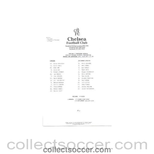 1993 - Chelsea v Tottenham Hotspur Reserves official teamsheet 06/09/1993 Neville Ovenden Football Combination - Collect Soccer