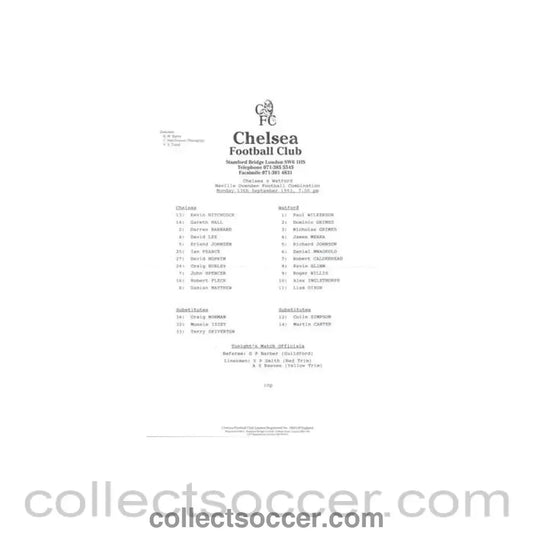 1993 - Chelsea v Watford Reserves official teamsheet 13/09/1993 Neville Ovenden Football Combination