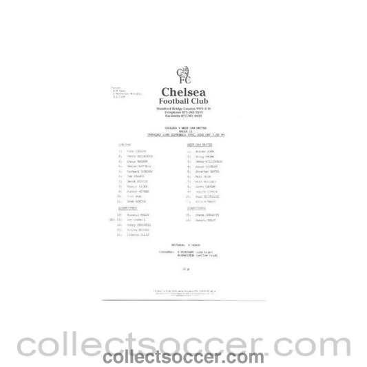 1993 - Chelsea v West Ham United Reserves official teamsheet 23/09/1993 Football Combination