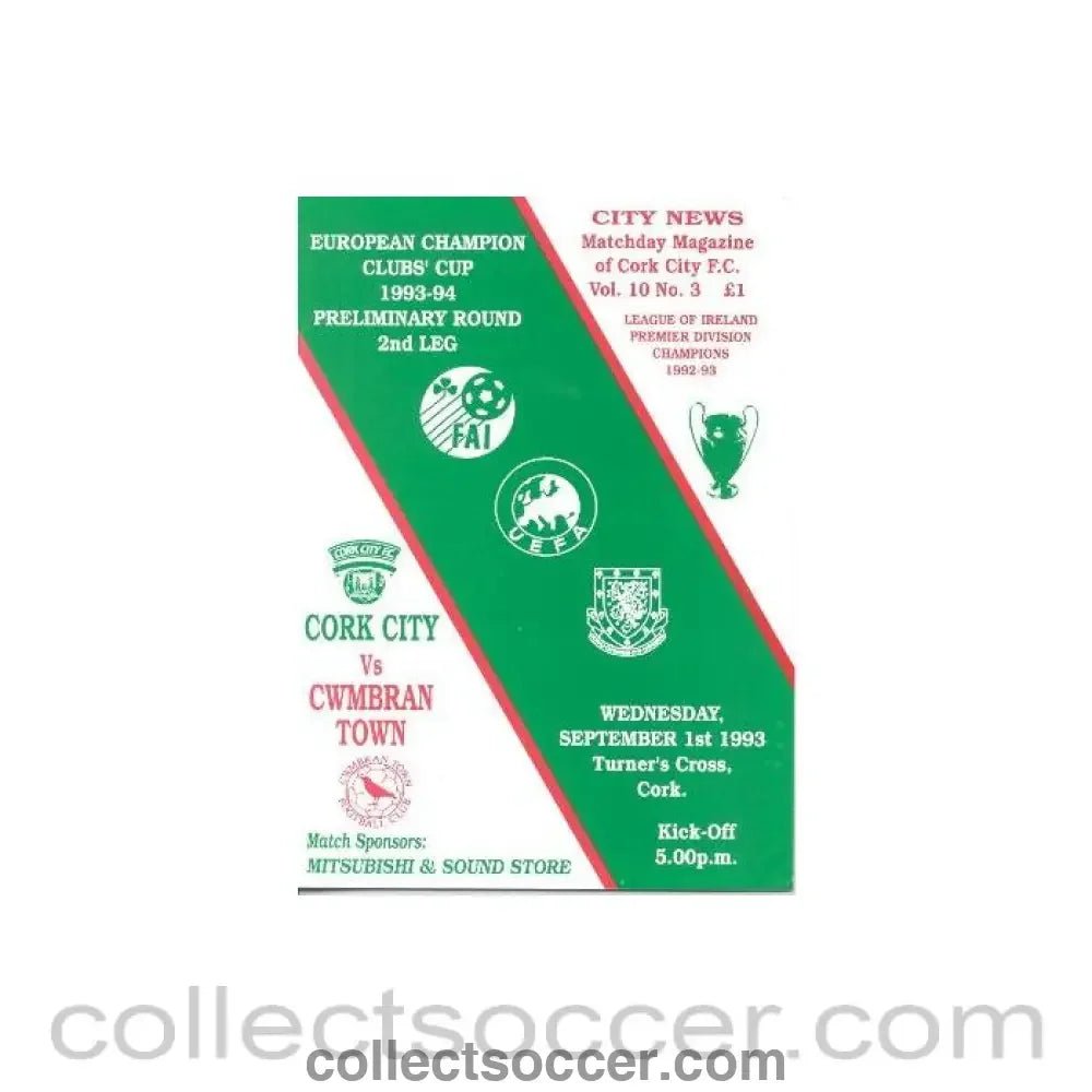 1993 - Cork City v Cwmbran Town official programme 01/09/1993 Champions League - Collect Soccer