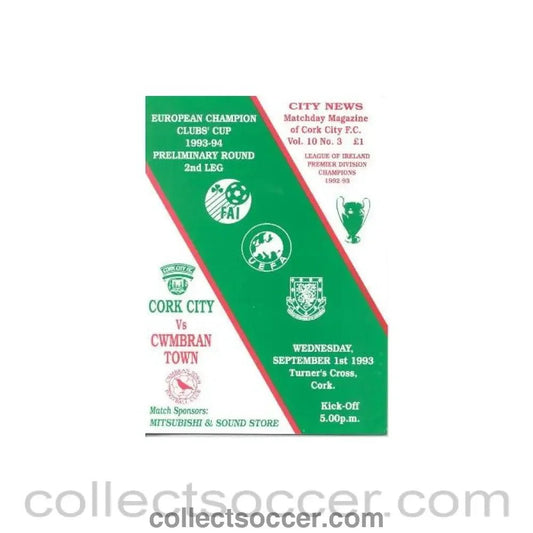1993 - Cork City v Cwmbran Town official programme 01/09/1993 Champions League - Collect Soccer