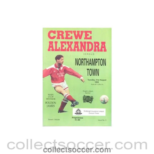 1993 - Crewe Alexandra v Northampton Town official programme 31/08/1993 Football League - Collect Soccer