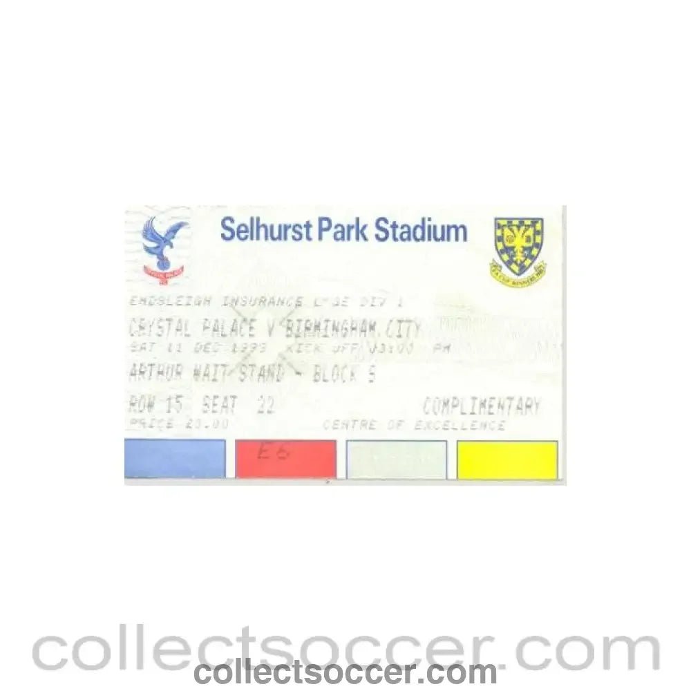 1993 - Crystal Palace v Birminghamn City ticket 11/12/1993 - Collect Soccer