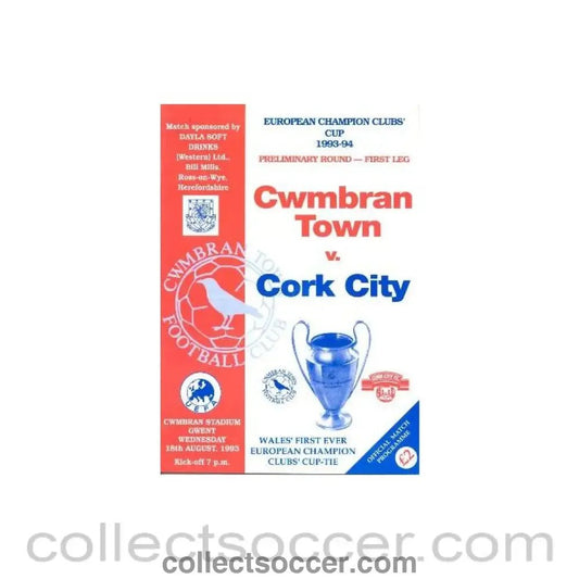1993 - Cwmbran Town v Cork official programme 18/08/1993 Champions League - Collect Soccer