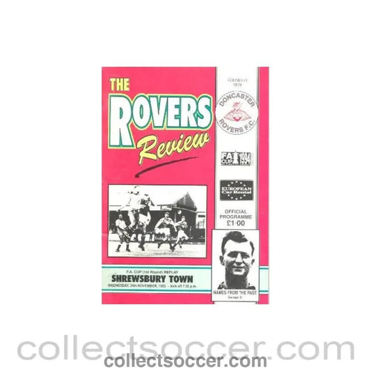 1993 - Doncaster Rovers v Shrewsbury Town official programme 24/11/1993 F.A. Cup 1st Round Replay - Collect Soccer
