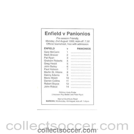 1993 - Enfield v Panionios official programme 02/08/1993 Pre - Season Friendly - Collect Soccer