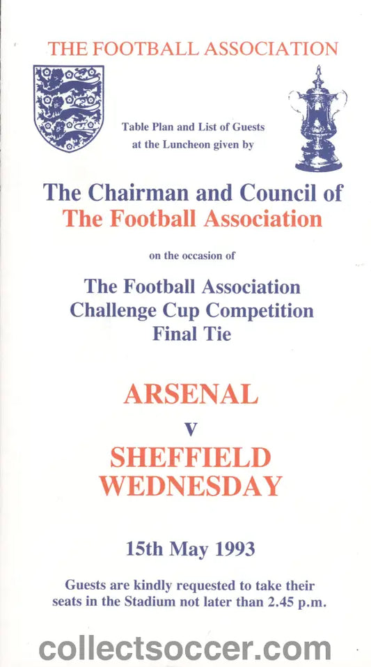 1993 FA Cup Final Arsenal v Sheffield Wednesday Programme of Arrangements