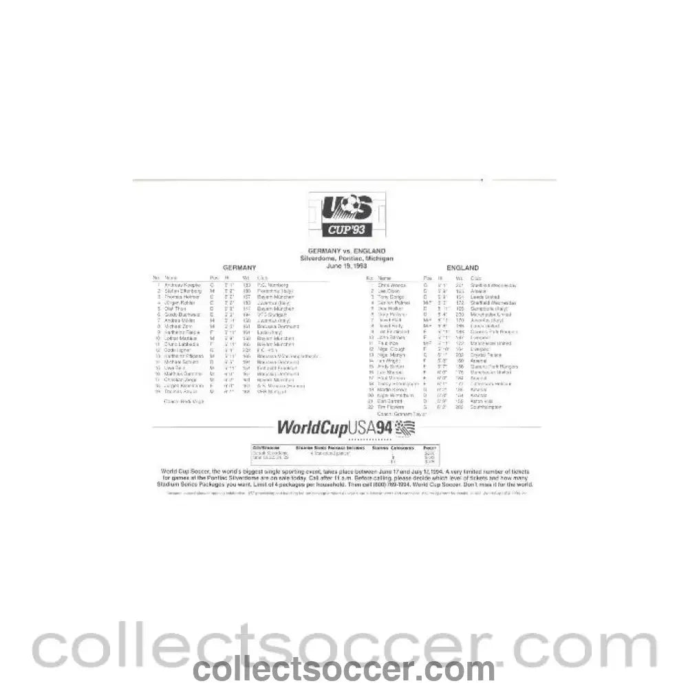1993 - Germany v England teamsheet 19/06/1993 match played in the USA World Cup 1994 USA Qualifier