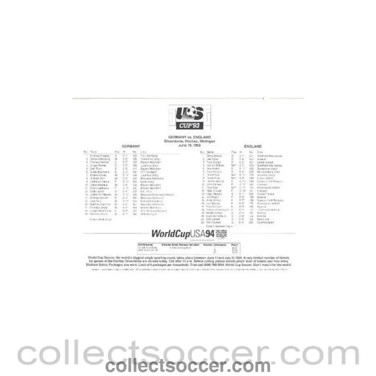 1993 - Germany v England teamsheet 19/06/1993 match played in the USA, World Cup 1994 USA Qualifier - Collect Soccer