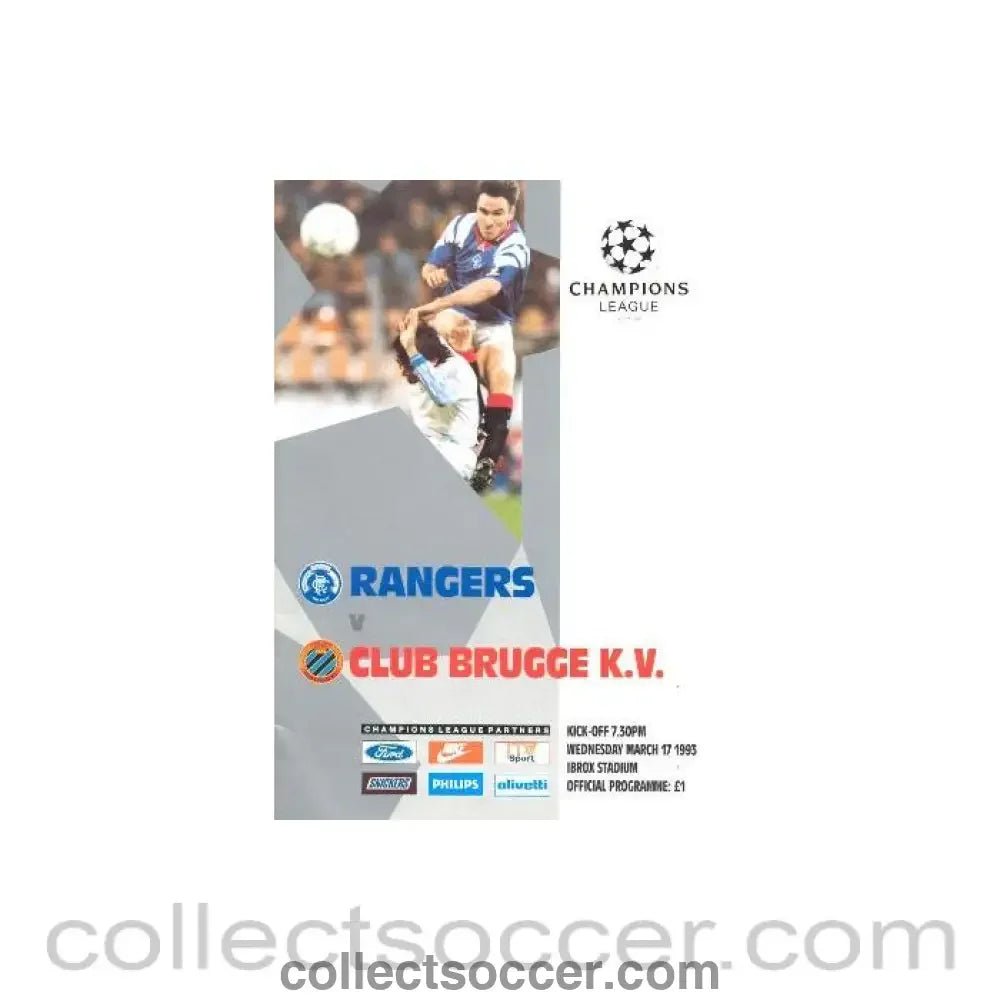 1993 - Glasgow Rangers v Brugge official programme 17/03/1993 - Collect Soccer
