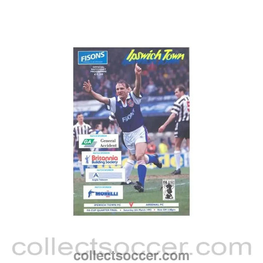 1993 - Ipswich Town v Arsenal official programme 06/03/1993 F.A. Cup Quarter - Final - Collect Soccer