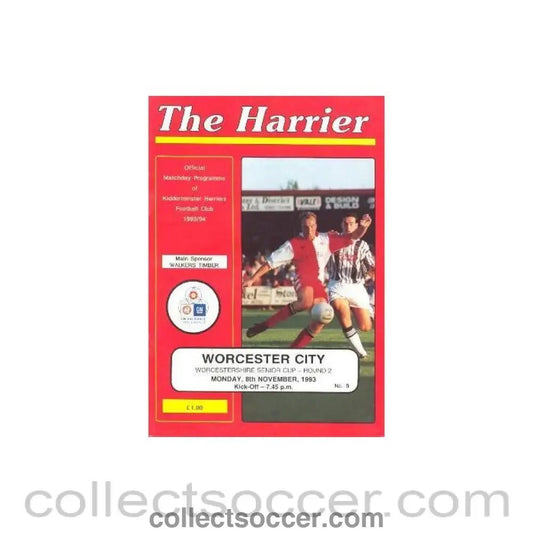 1993 - Kidderminster Harriers v Worcester official programme 08/11/1993 Worcestershire Senior Cup - Collect Soccer
