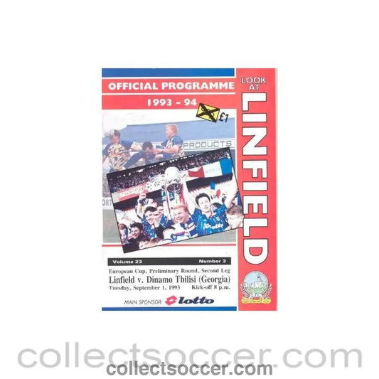 1993 - Linfield v Dynamo Tbilisi, Georgia official programme 01/09/1993 - Collect Soccer